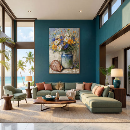Blue Jar Wildflower Shell Coastal wall art in a bright coastal-style room – blue glass jar of white, orange and blue