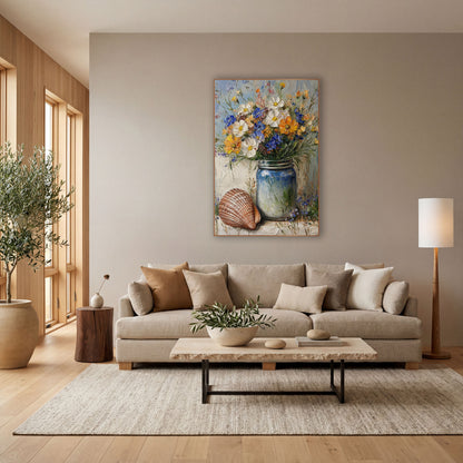Blue Jar Wildflower Shell Coastal wall art in a bright coastal-style room – blue glass jar of white, orange and blue