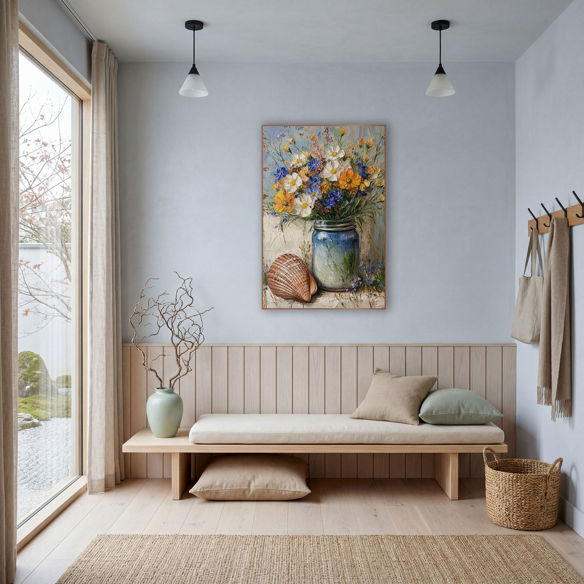 Blue Jar Wildflower Shell Coastal wall art in a bright coastal-style room – blue glass jar of white, orange and blue