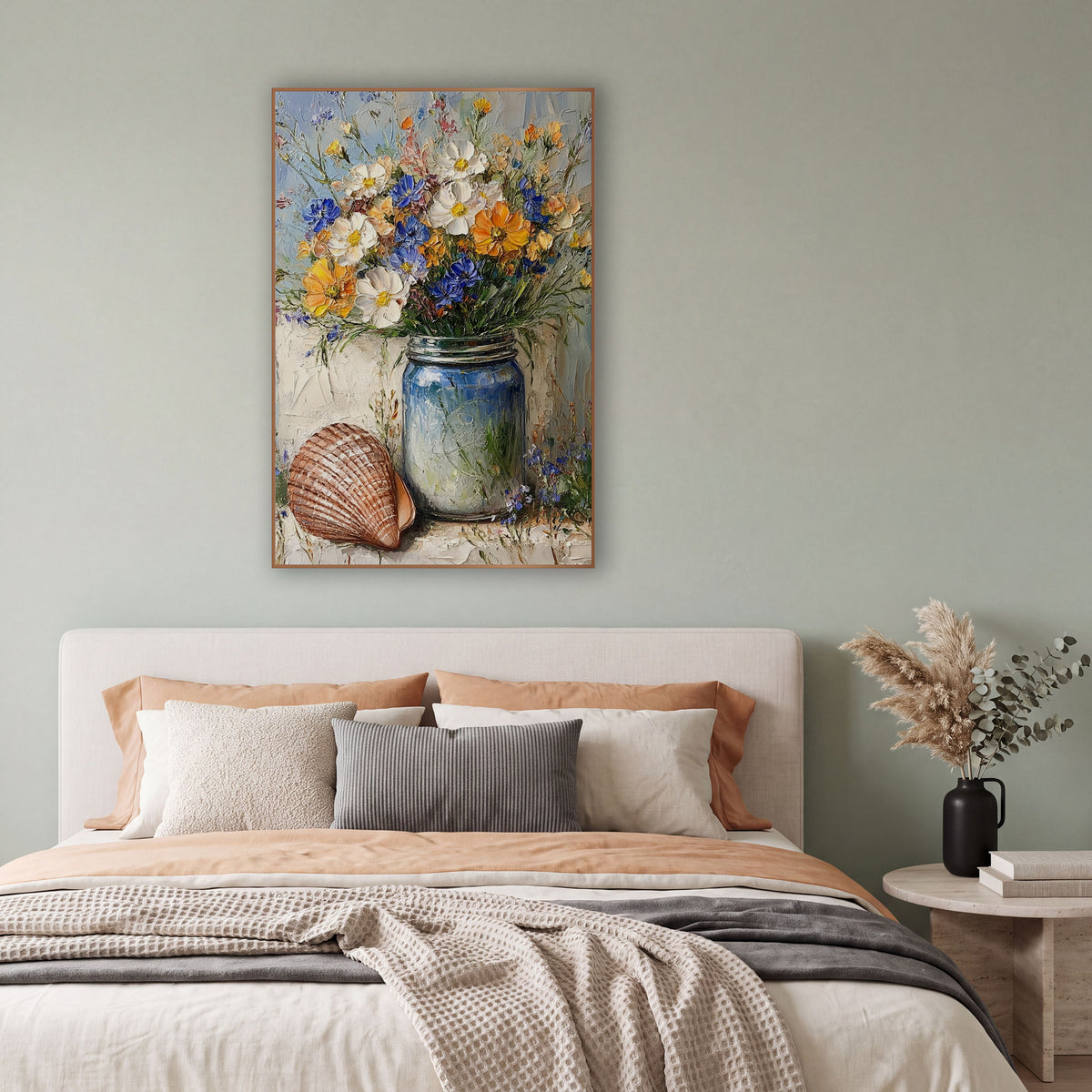 Blue Jar Wildflower Shell Coastal wall art in a bright coastal-style room – blue glass jar of white, orange and blue