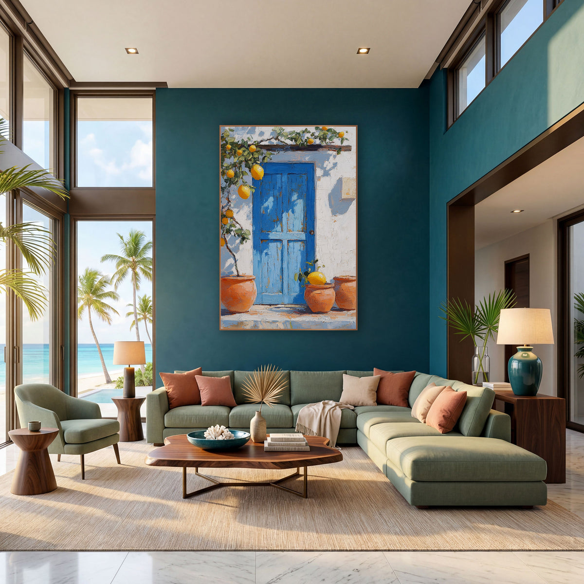 Sunlit Lemon Doorstep Three Pots Coastal wall art in a bright coastal-style room – blue wooden door on a white wall
