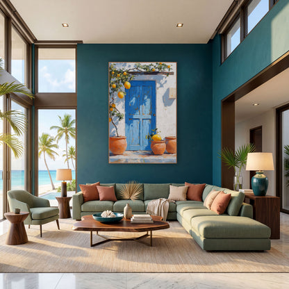 Sunlit Lemon Doorstep Three Pots Coastal wall art in a bright coastal-style room – blue wooden door on a white wall