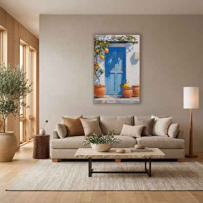 Sunlit Lemon Doorstep Three Pots Coastal wall art in a bright coastal-style room – blue wooden door on a white wall