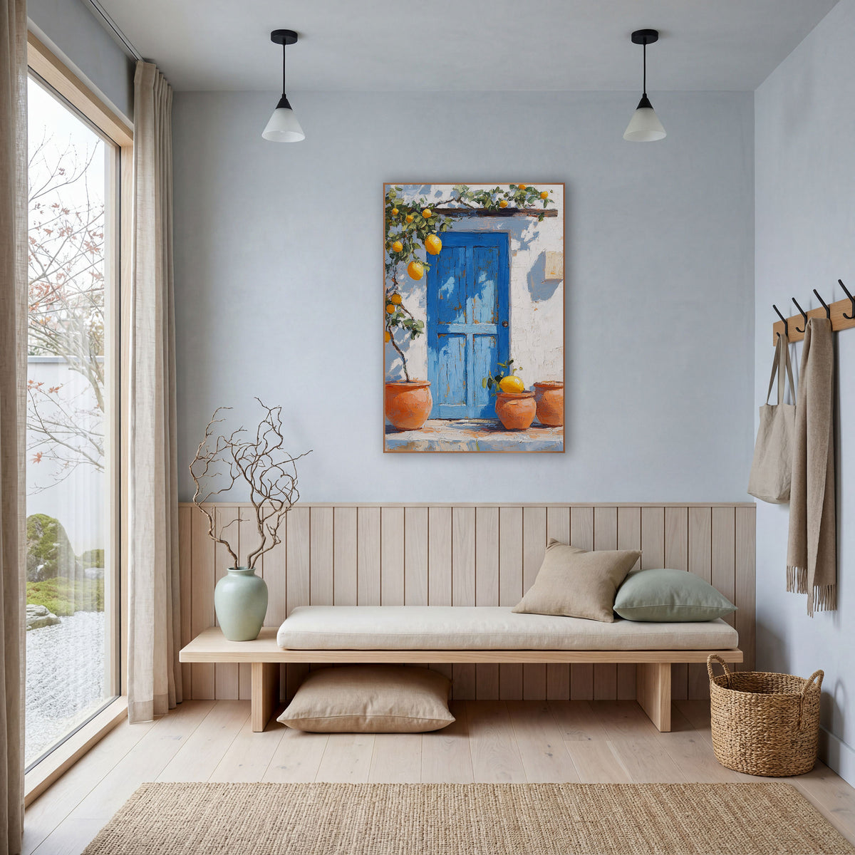 Sunlit Lemon Doorstep Three Pots Coastal wall art in a bright coastal-style room – blue wooden door on a white wall