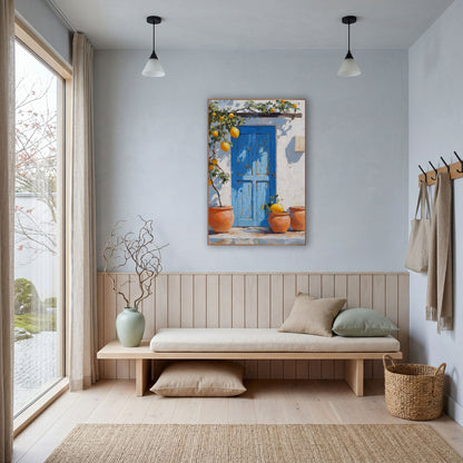 Sunlit Lemon Doorstep Three Pots Coastal wall art in a bright coastal-style room – blue wooden door on a white wall