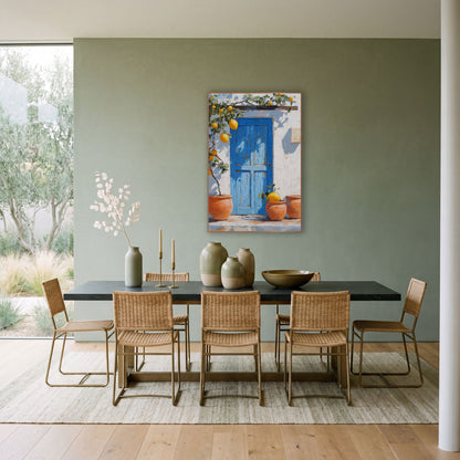 Sunlit Lemon Doorstep Three Pots Coastal wall art in a bright coastal-style room – blue wooden door on a white wall
