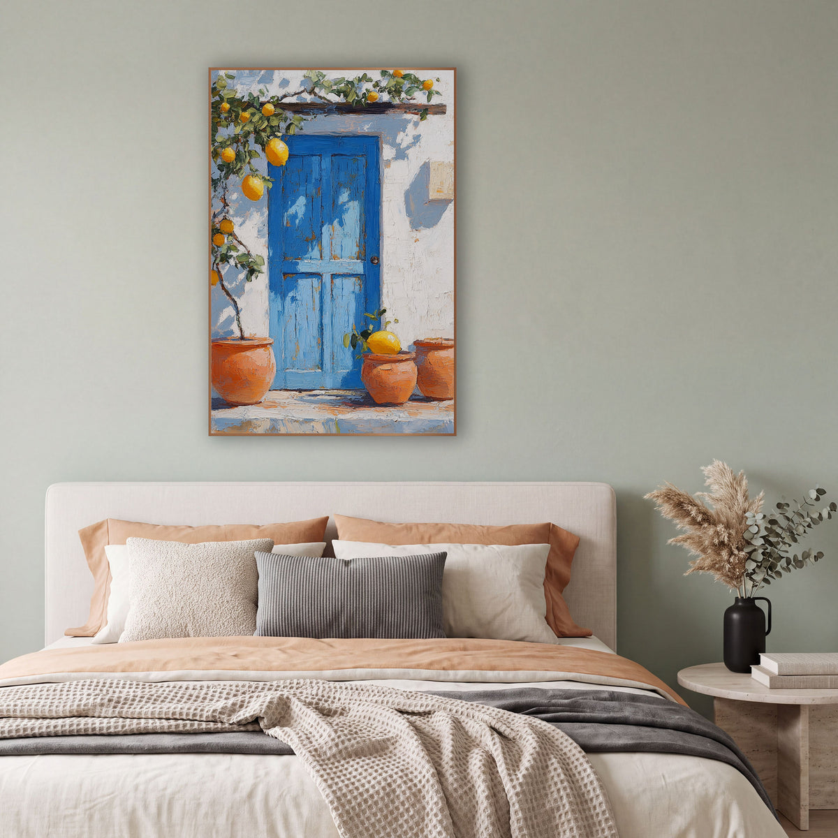 Sunlit Lemon Doorstep Three Pots Coastal wall art in a bright coastal-style room – blue wooden door on a white wall