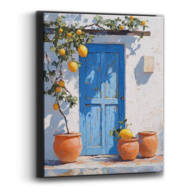 Sunlit Lemon Doorstep Three Pots Coastal Canvas Wall Art