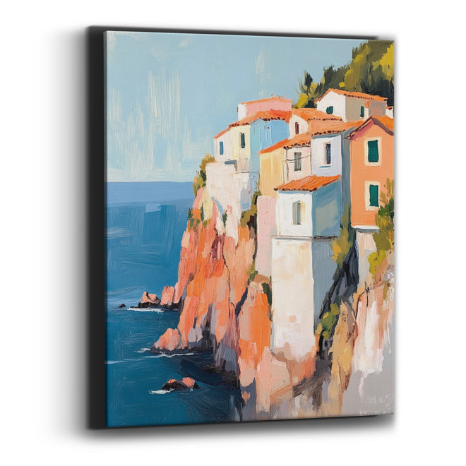 Coral Cliffside Village Sunlit Coastal Canvas Wall Art