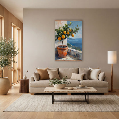 Terracotta Pot Lemon Tree Coastal wall art in a bright coastal-style room – potted tree with golden-orange fruit