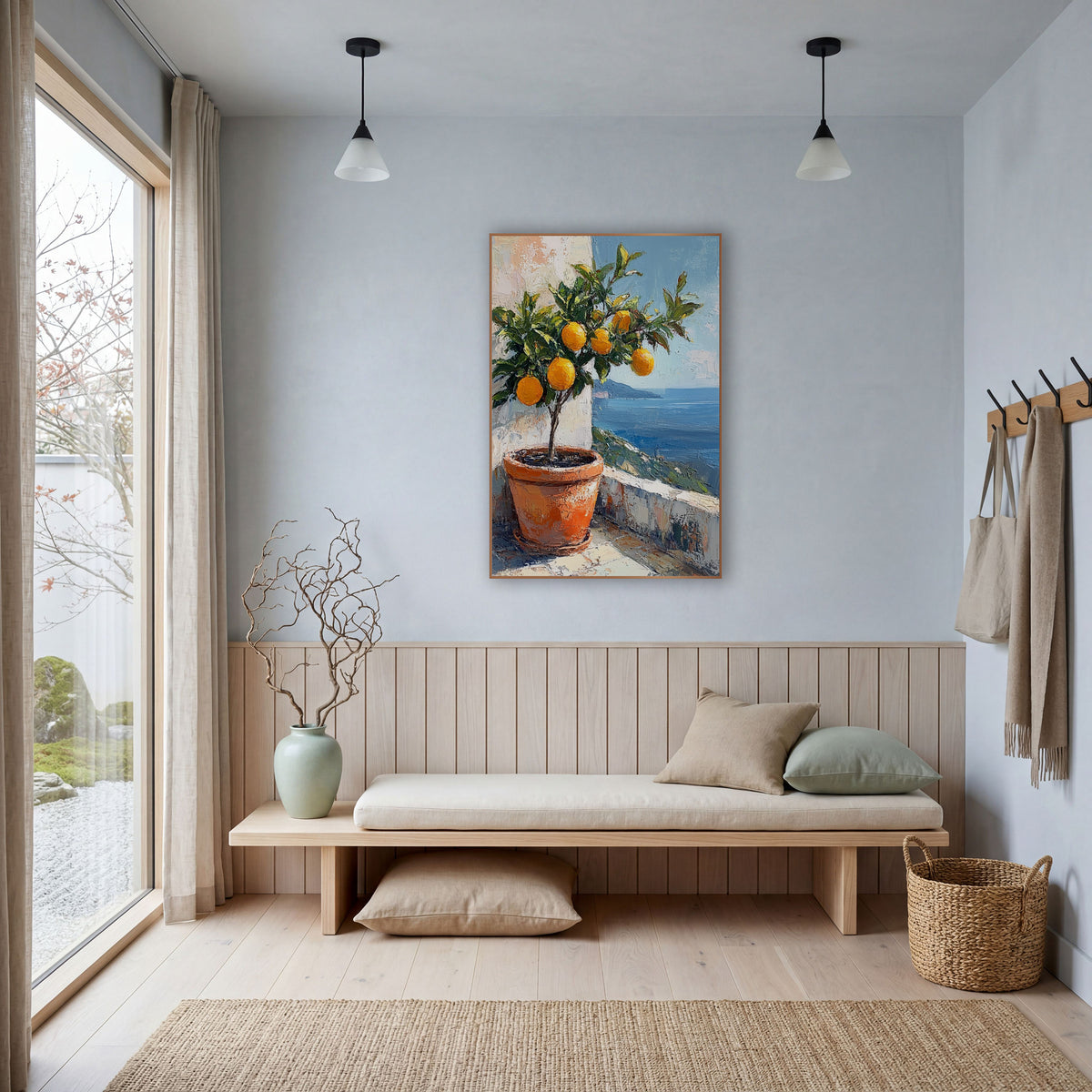 Terracotta Pot Lemon Tree Coastal wall art in a bright coastal-style room – potted tree with golden-orange fruit