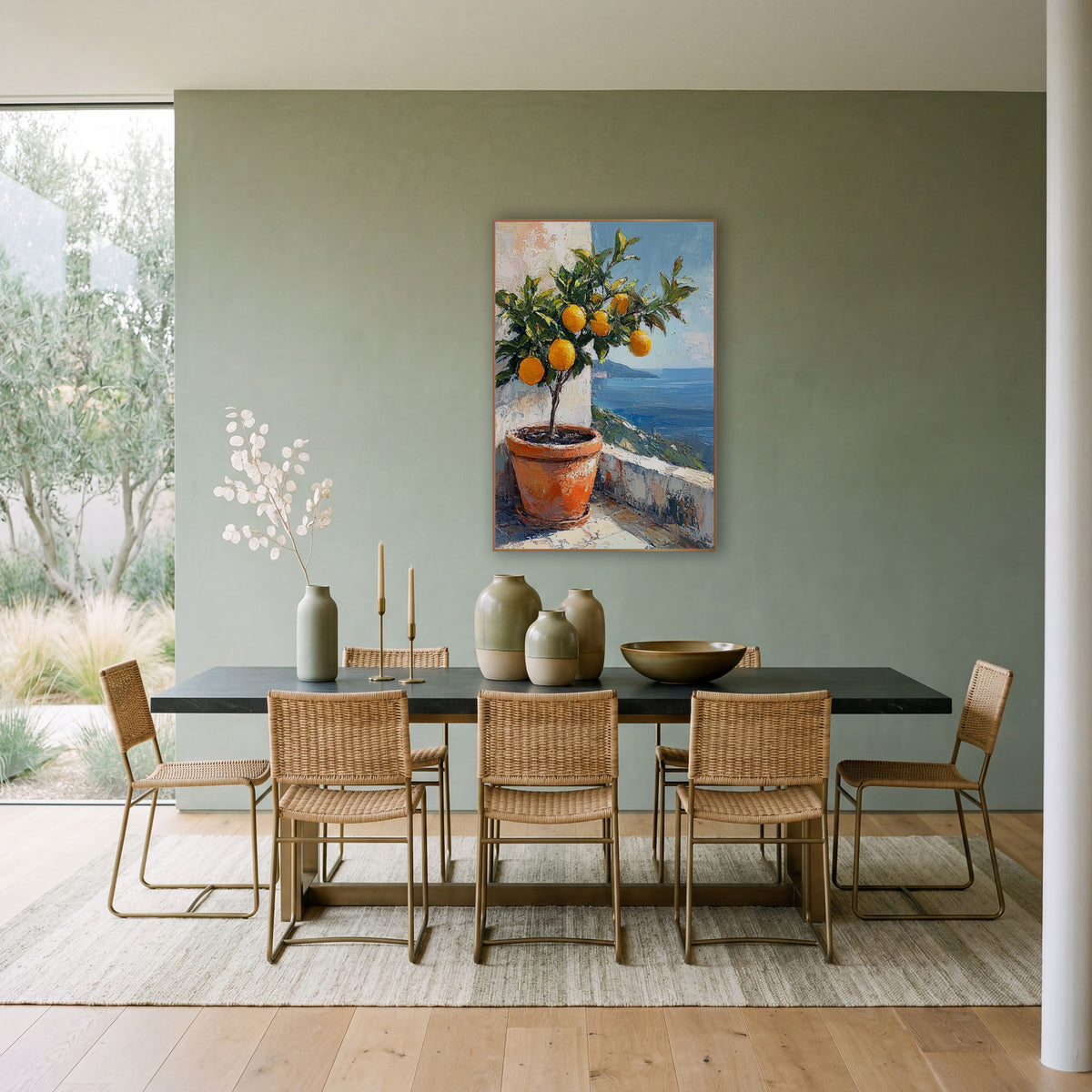 Terracotta Pot Lemon Tree Coastal wall art in a bright coastal-style room – potted tree with golden-orange fruit