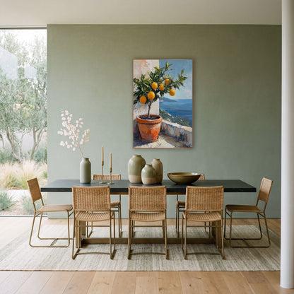Terracotta Pot Lemon Tree Coastal wall art in a bright coastal-style room – potted tree with golden-orange fruit
