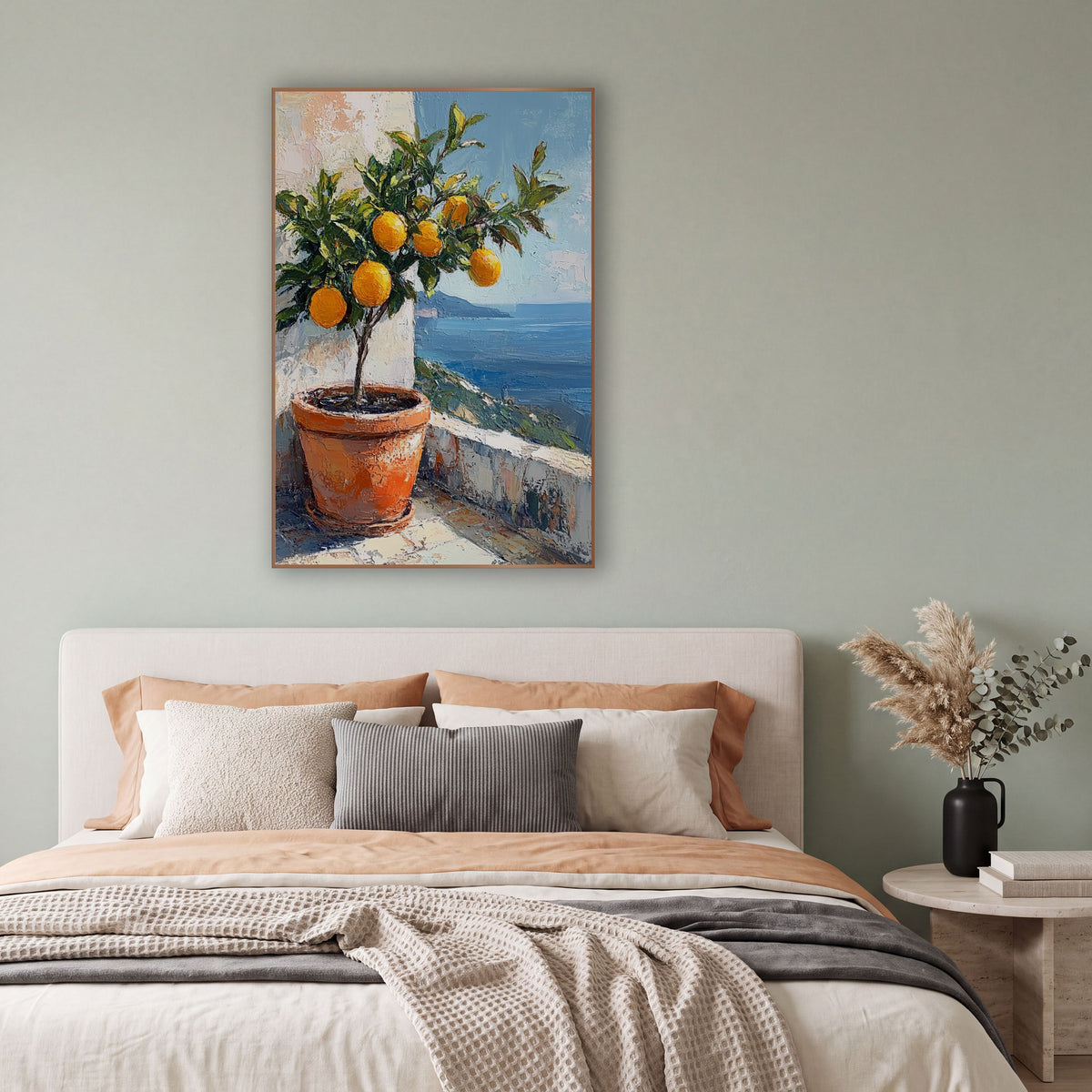Terracotta Pot Lemon Tree Coastal wall art in a bright coastal-style room – potted tree with golden-orange fruit