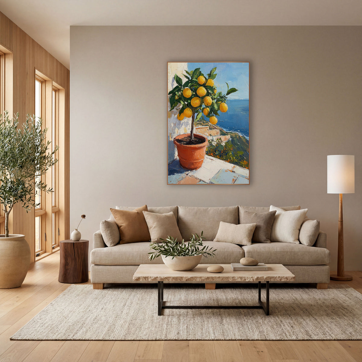 Cliffside Lemon Tree Coastal Terrace wall art in a bright coastal-style room – potted lemon tree with ripe yellow