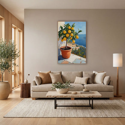 Cliffside Lemon Tree Coastal Terrace wall art in a bright coastal-style room – potted lemon tree with ripe yellow