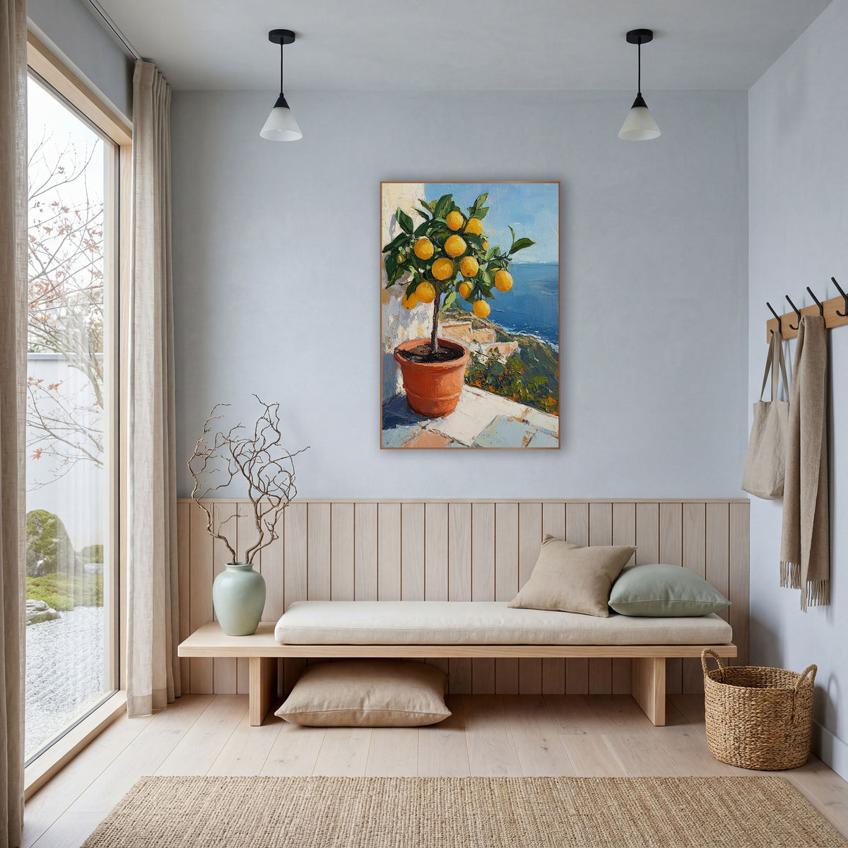 Cliffside Lemon Tree Coastal Terrace wall art in a bright coastal-style room – potted lemon tree with ripe yellow