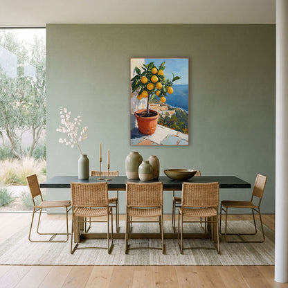 Cliffside Lemon Tree Coastal Terrace wall art in a bright coastal-style room – potted lemon tree with ripe yellow