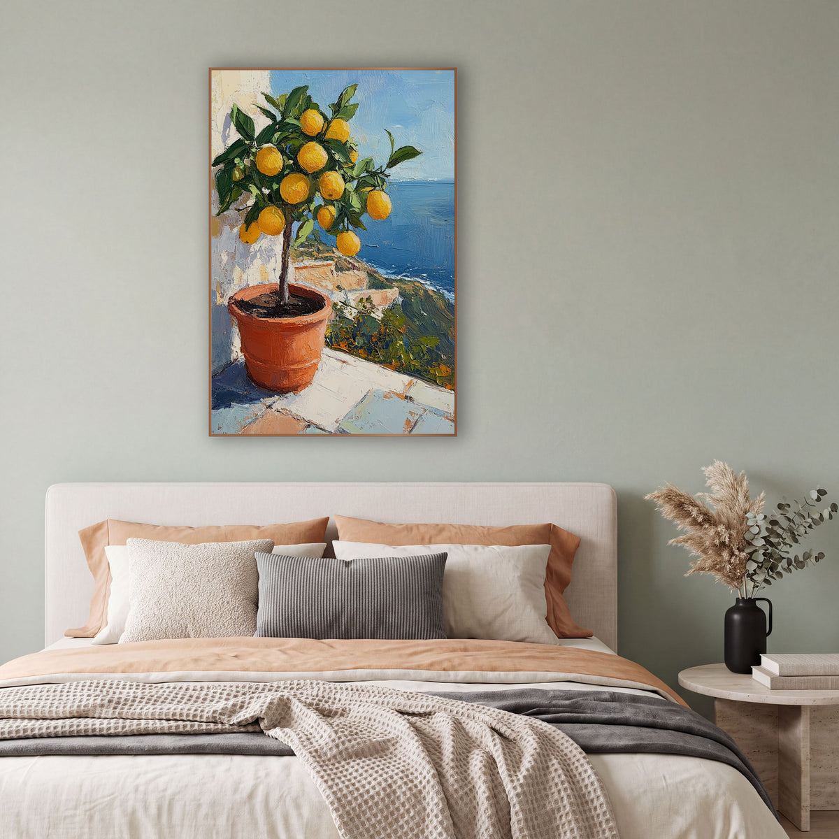 Cliffside Lemon Tree Coastal Terrace wall art in a bright coastal-style room – potted lemon tree with ripe yellow
