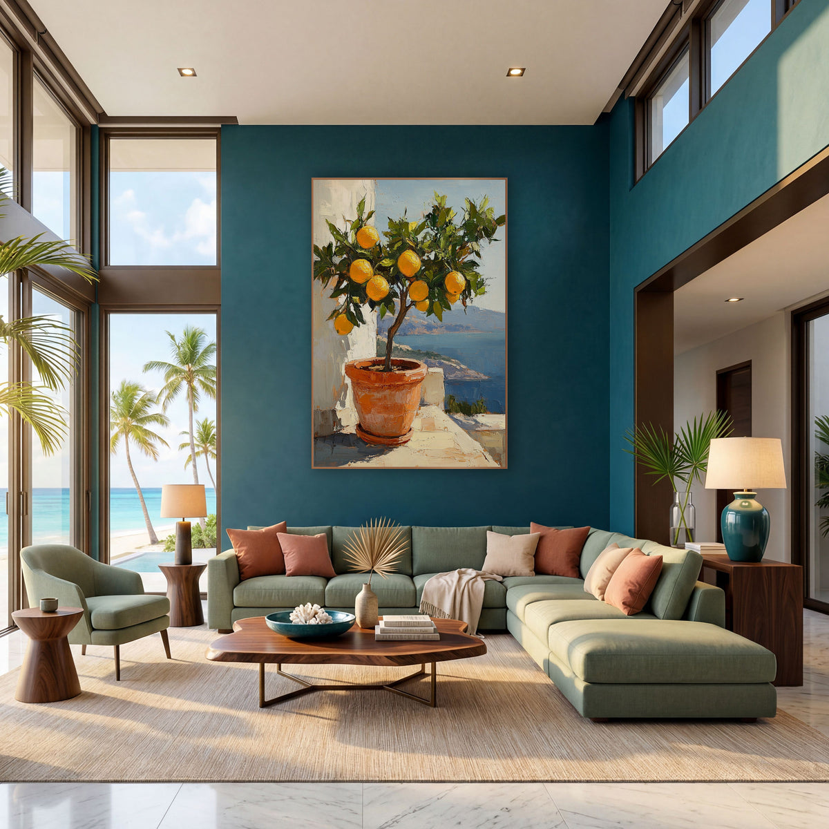 Bayview Lemon Tree Sunlit Coastal wall art in a bright coastal-style room – potted lemon tree with ripe yellow fruit
