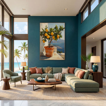 Bayview Lemon Tree Sunlit Coastal wall art in a bright coastal-style room – potted lemon tree with ripe yellow fruit