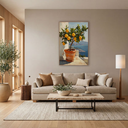 Bayview Lemon Tree Sunlit Coastal wall art in a bright coastal-style room – potted lemon tree with ripe yellow fruit