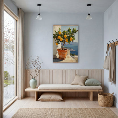 Bayview Lemon Tree Sunlit Coastal wall art in a bright coastal-style room – potted lemon tree with ripe yellow fruit