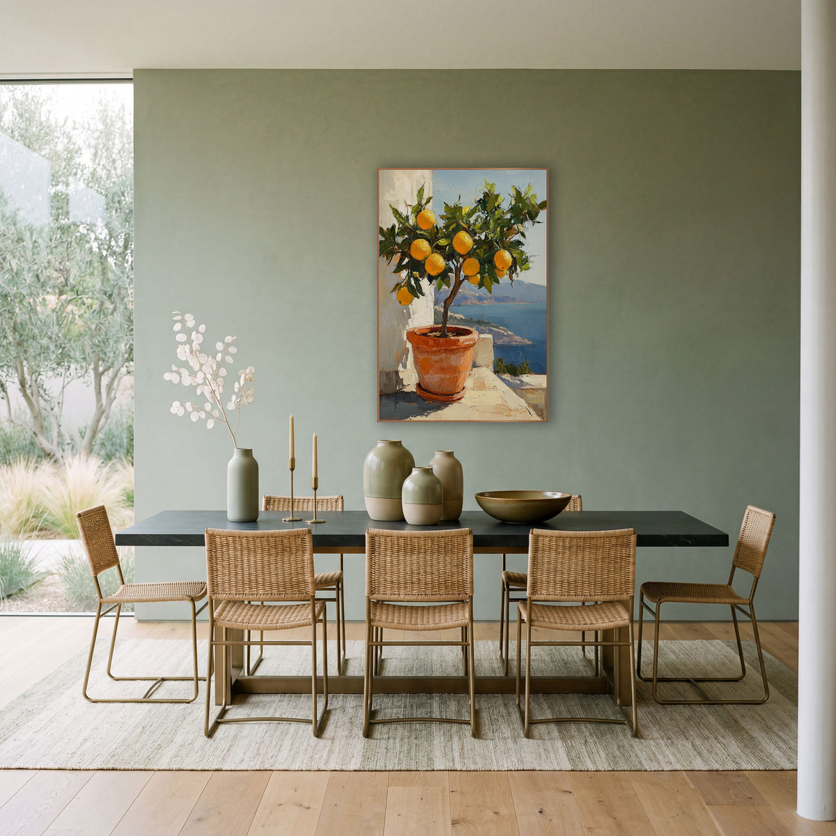 Bayview Lemon Tree Sunlit Coastal wall art in a bright coastal-style room – potted lemon tree with ripe yellow fruit