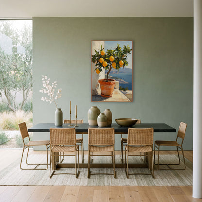 Bayview Lemon Tree Sunlit Coastal wall art in a bright coastal-style room – potted lemon tree with ripe yellow fruit