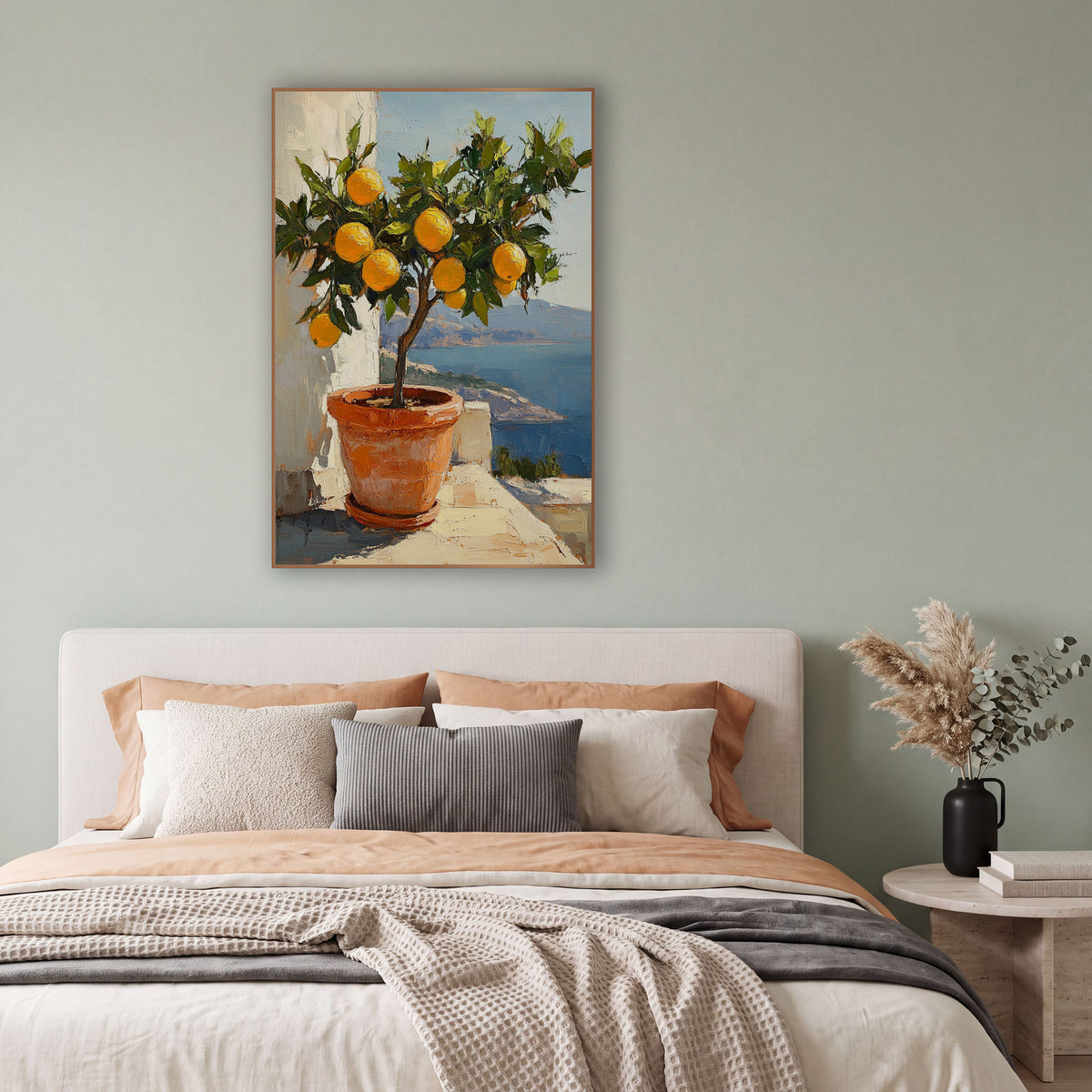 Bayview Lemon Tree Sunlit Coastal wall art in a bright coastal-style room – potted lemon tree with ripe yellow fruit
