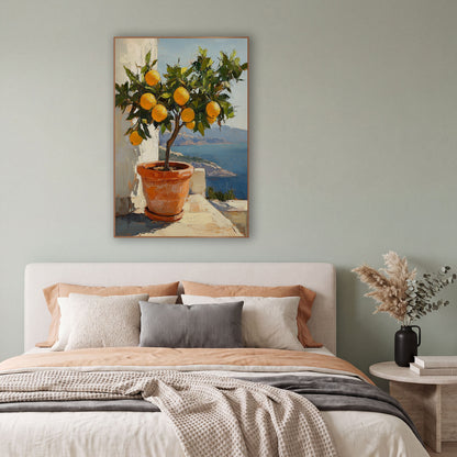 Bayview Lemon Tree Sunlit Coastal wall art in a bright coastal-style room – potted lemon tree with ripe yellow fruit