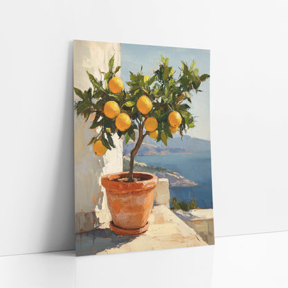 Bayview Lemon Tree Sunlit Coastal art print leaning against a white wall – potted lemon tree with ripe yellow fruit