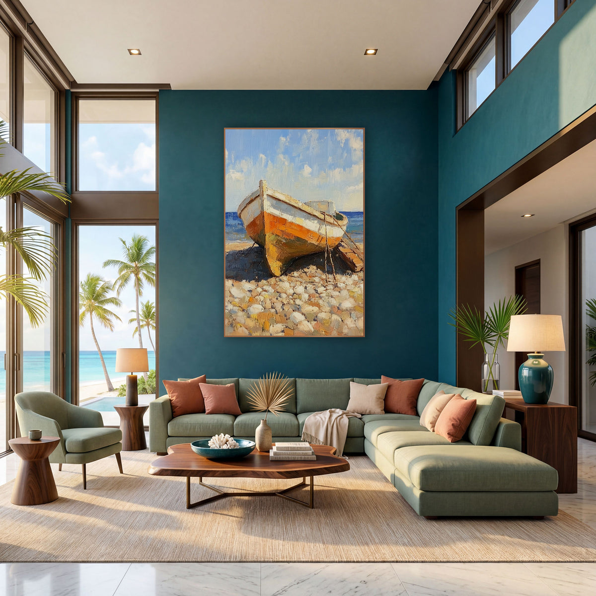 Orange Beached Boat Coastal Seascape wall art in a bright coastal-style room – small orange and white boat resting