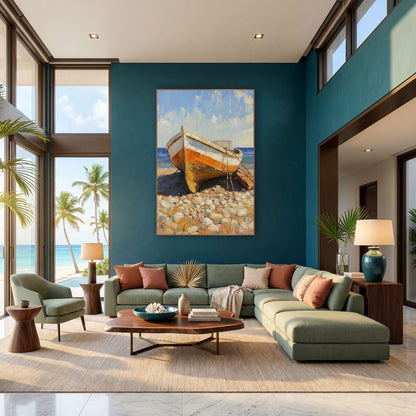 Orange Beached Boat Coastal Seascape wall art in a bright coastal-style room – small orange and white boat resting