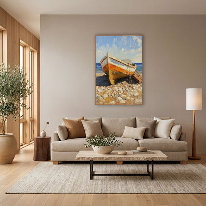 Orange Beached Boat Coastal Seascape wall art in a bright coastal-style room – small orange and white boat resting