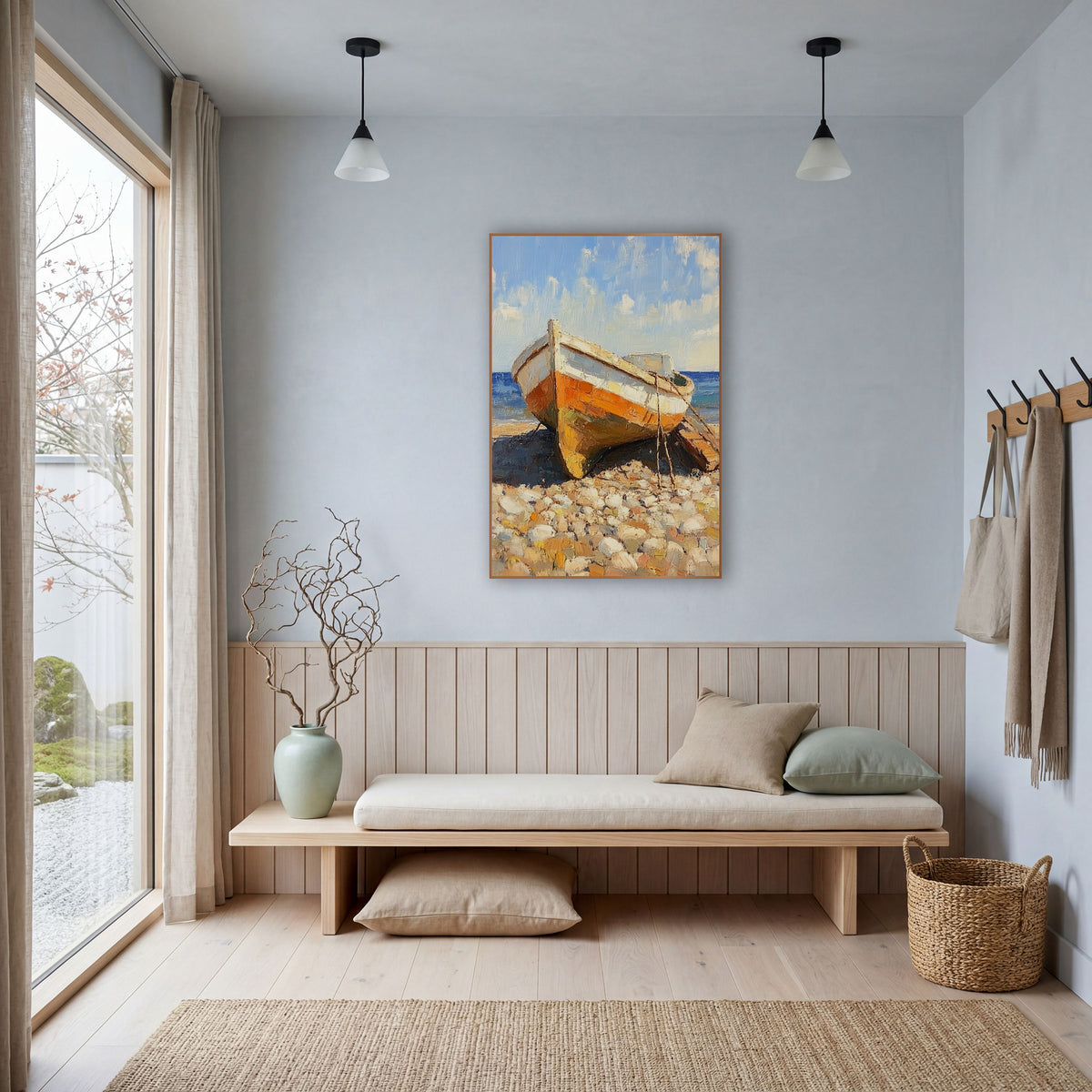 Orange Beached Boat Coastal Seascape wall art in a bright coastal-style room – small orange and white boat resting