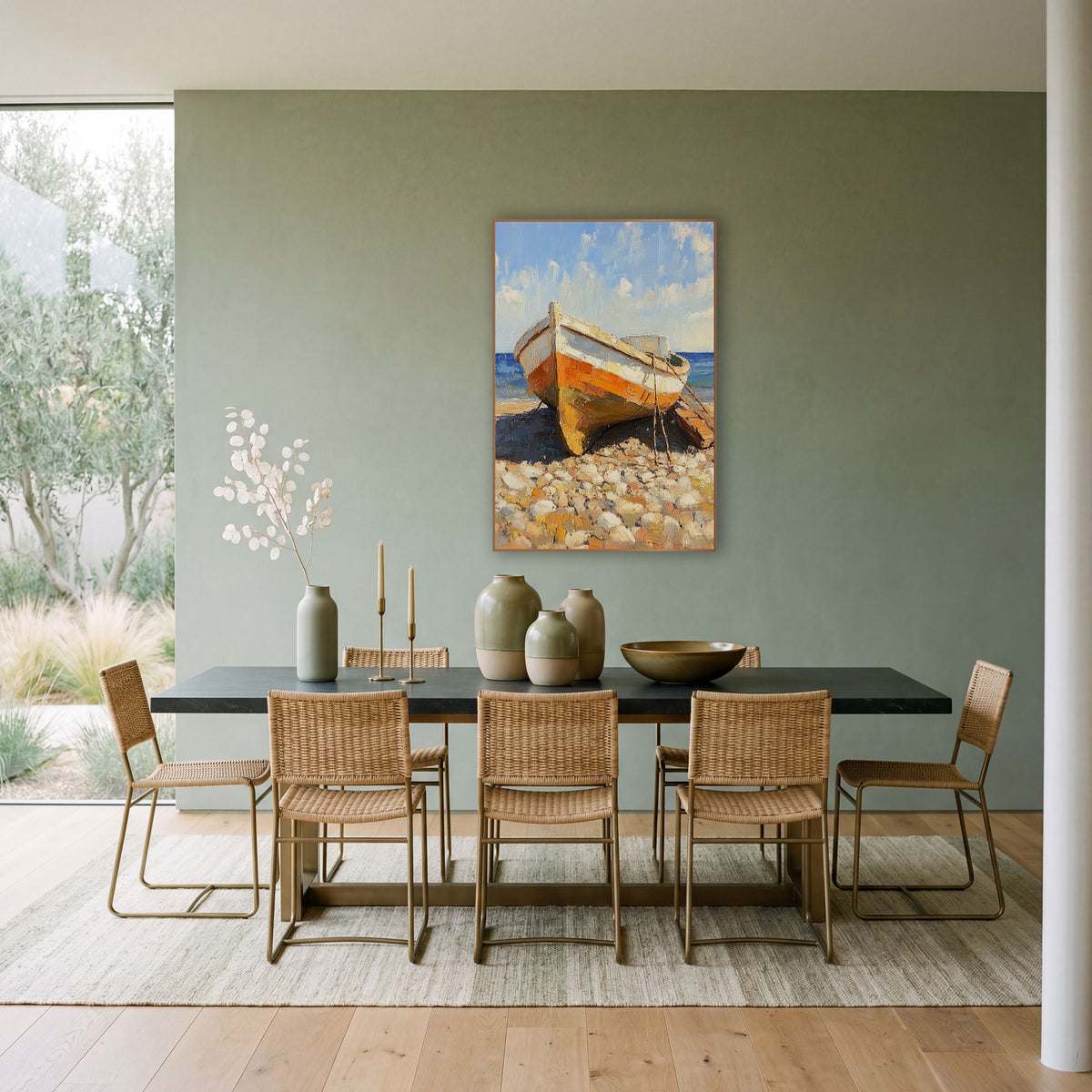 Orange Beached Boat Coastal Seascape wall art in a bright coastal-style room – small orange and white boat resting