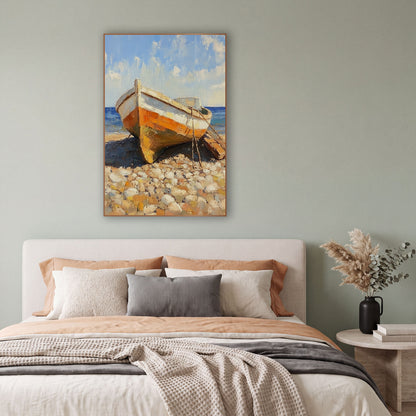 Orange Beached Boat Coastal Seascape wall art in a bright coastal-style room – small orange and white boat resting