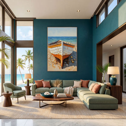 Orange White Rowboat Beach Coastal wall art in a bright coastal-style room – white and orange wooden rowboat
