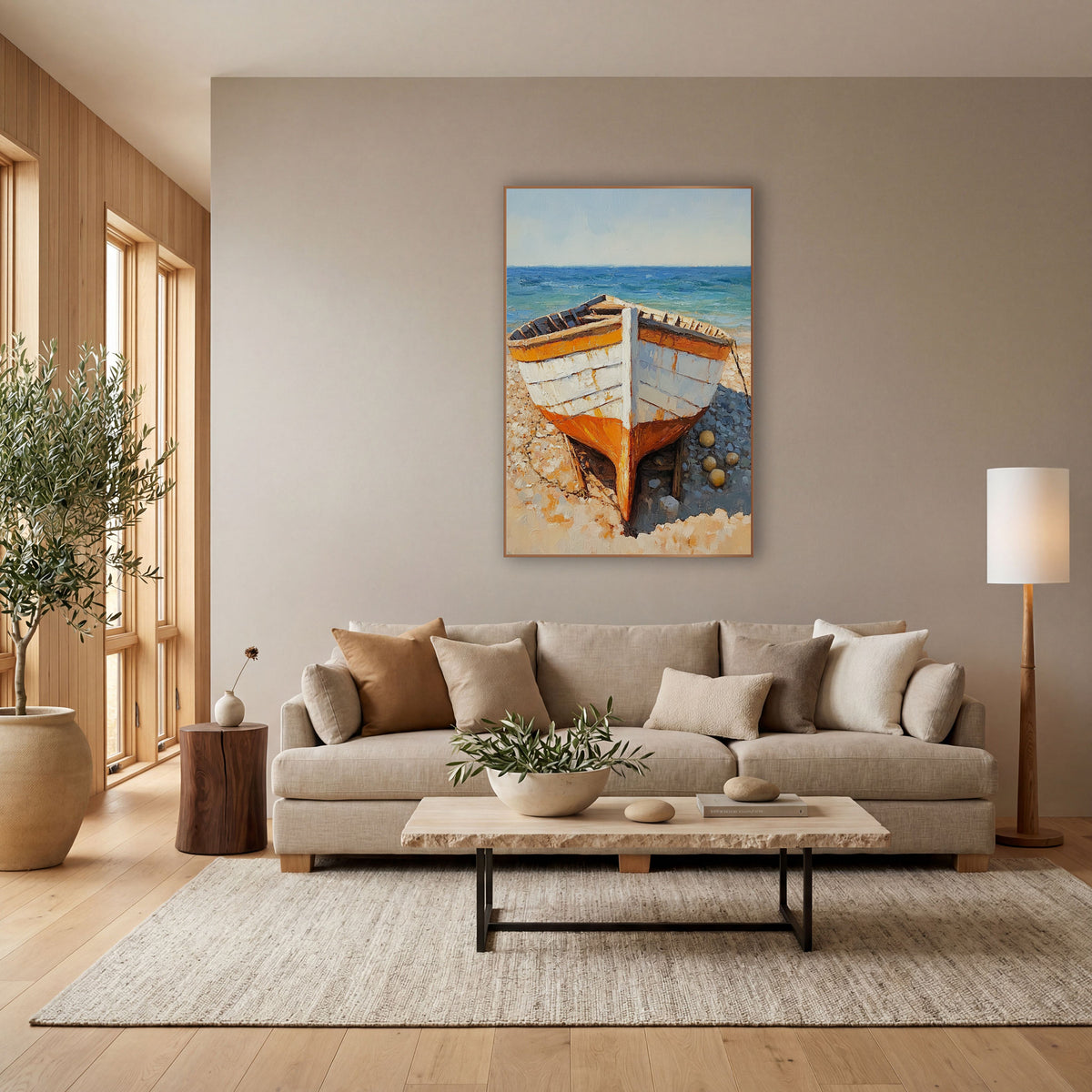 Orange White Rowboat Beach Coastal wall art in a bright coastal-style room – white and orange wooden rowboat