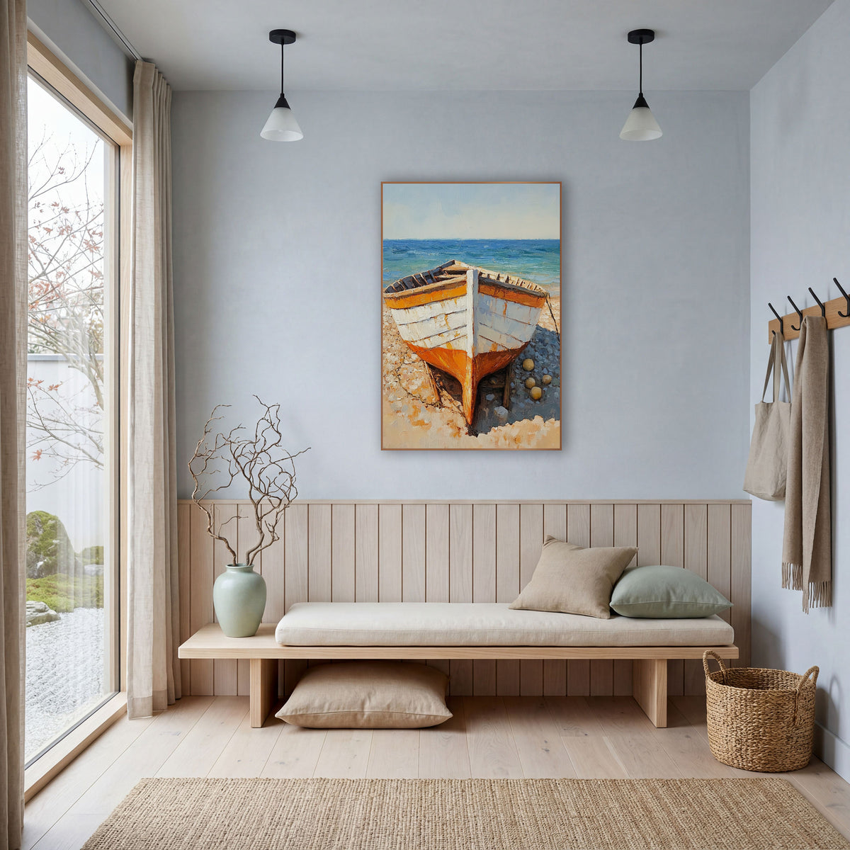 Orange White Rowboat Beach Coastal wall art in a bright coastal-style room – white and orange wooden rowboat