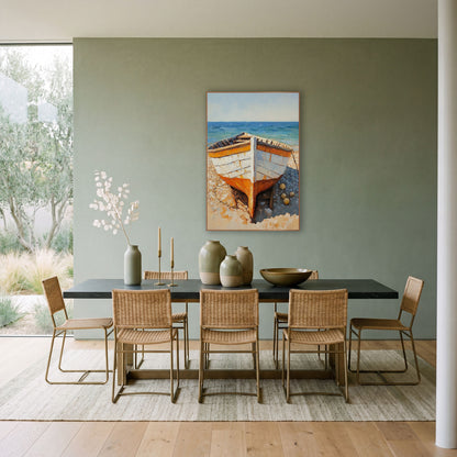 Orange White Rowboat Beach Coastal wall art in a bright coastal-style room – white and orange wooden rowboat