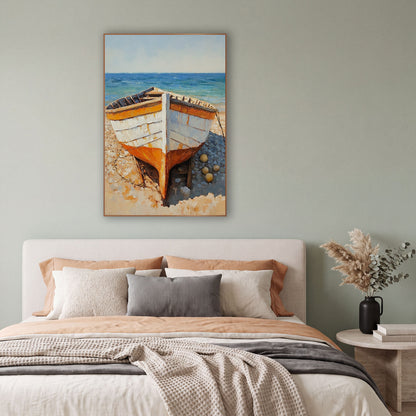 Orange White Rowboat Beach Coastal wall art in a bright coastal-style room – white and orange wooden rowboat