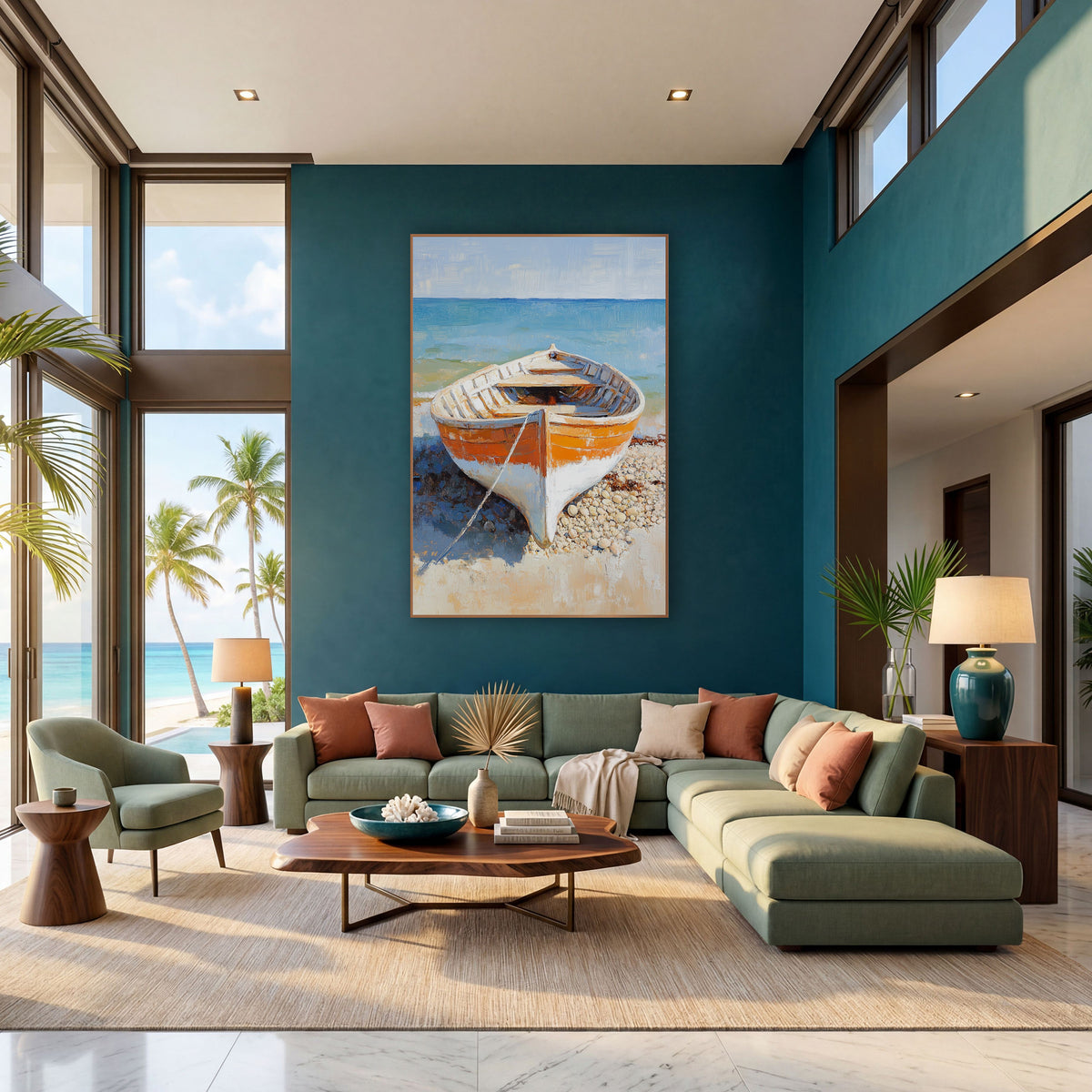 Pebble Beach Dory Coastal Scene wall art in a bright coastal-style room – orange and white wooden rowboat on a pebble