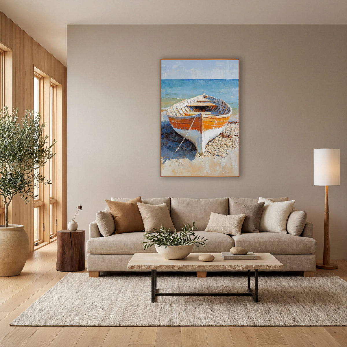 Pebble Beach Dory Coastal Scene wall art in a bright coastal-style room – orange and white wooden rowboat on a pebble