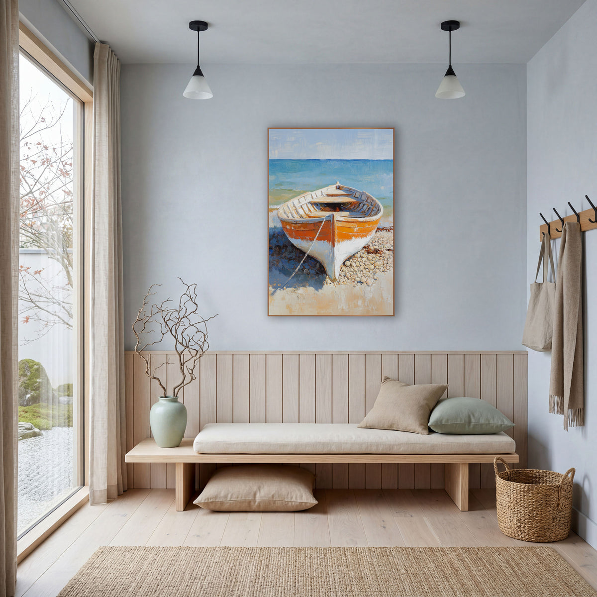 Pebble Beach Dory Coastal Scene wall art in a bright coastal-style room – orange and white wooden rowboat on a pebble