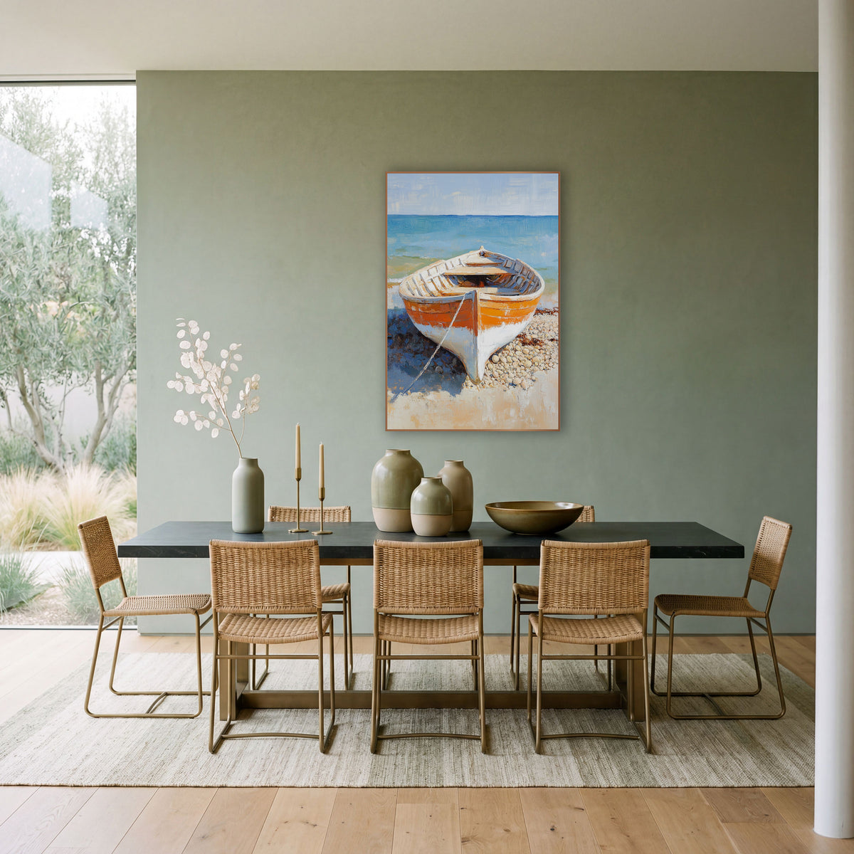 Pebble Beach Dory Coastal Scene wall art in a bright coastal-style room – orange and white wooden rowboat on a pebble