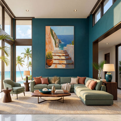 Flowerpot Steps Overlook Mediterranean Decor wall art in a bright coastal-style room – sunlit stone steps