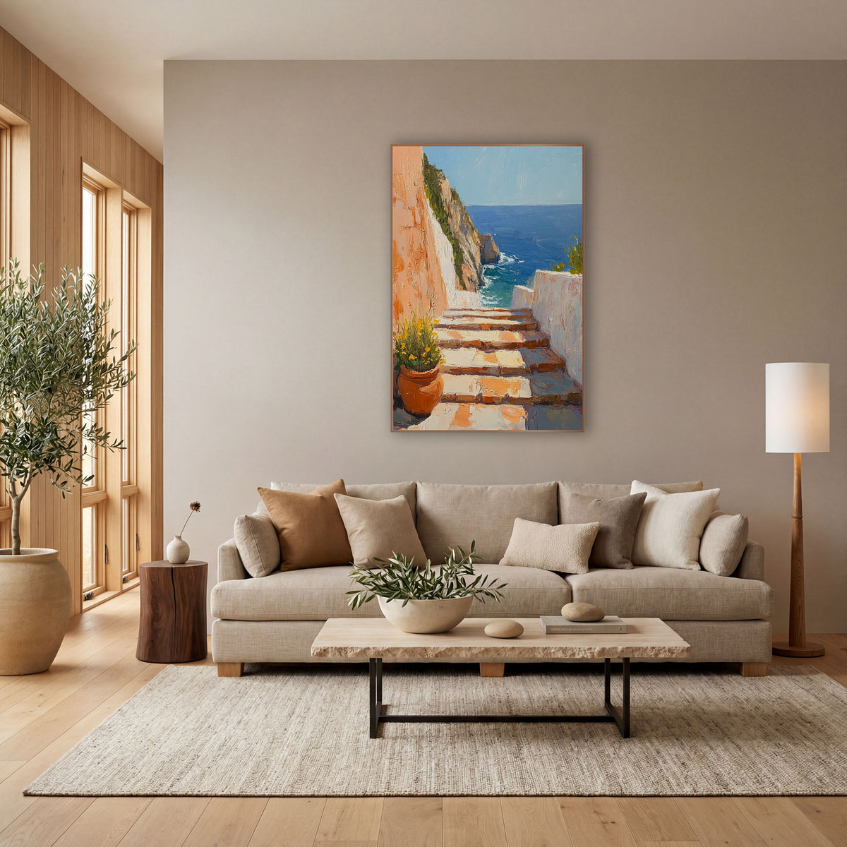 Flowerpot Steps Overlook Mediterranean Decor wall art in a bright coastal-style room – sunlit stone steps