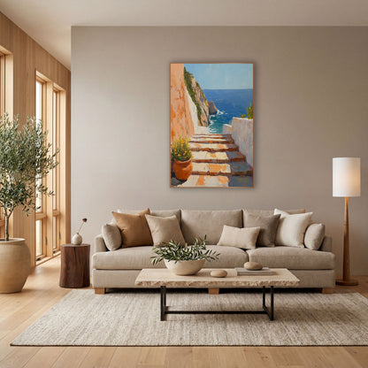 Flowerpot Steps Overlook Mediterranean Decor wall art in a bright coastal-style room – sunlit stone steps